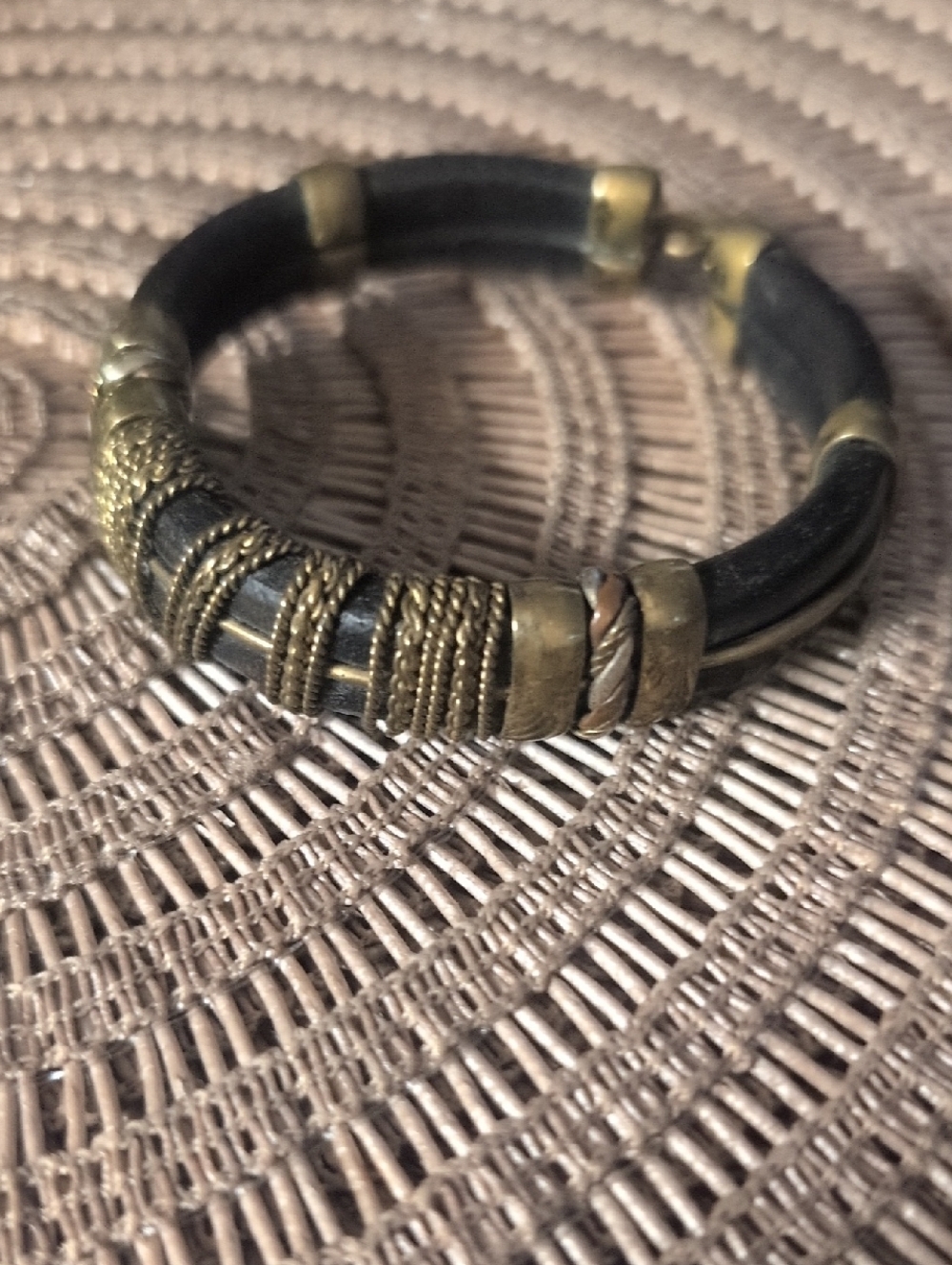 Vtg Artisan Black Leather and Brass Wrapped Bracelet Unisex
